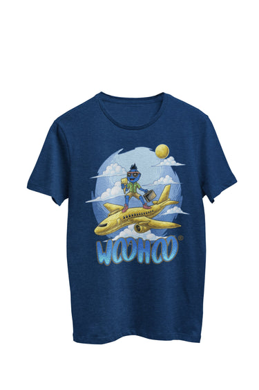 WooHooBerry confidently posing on an airplane wing amidst an outdoor backdrop, wearing a navy T-shirt that proudly displays the text 'WooHoo.' A unique and adventurous moment captured